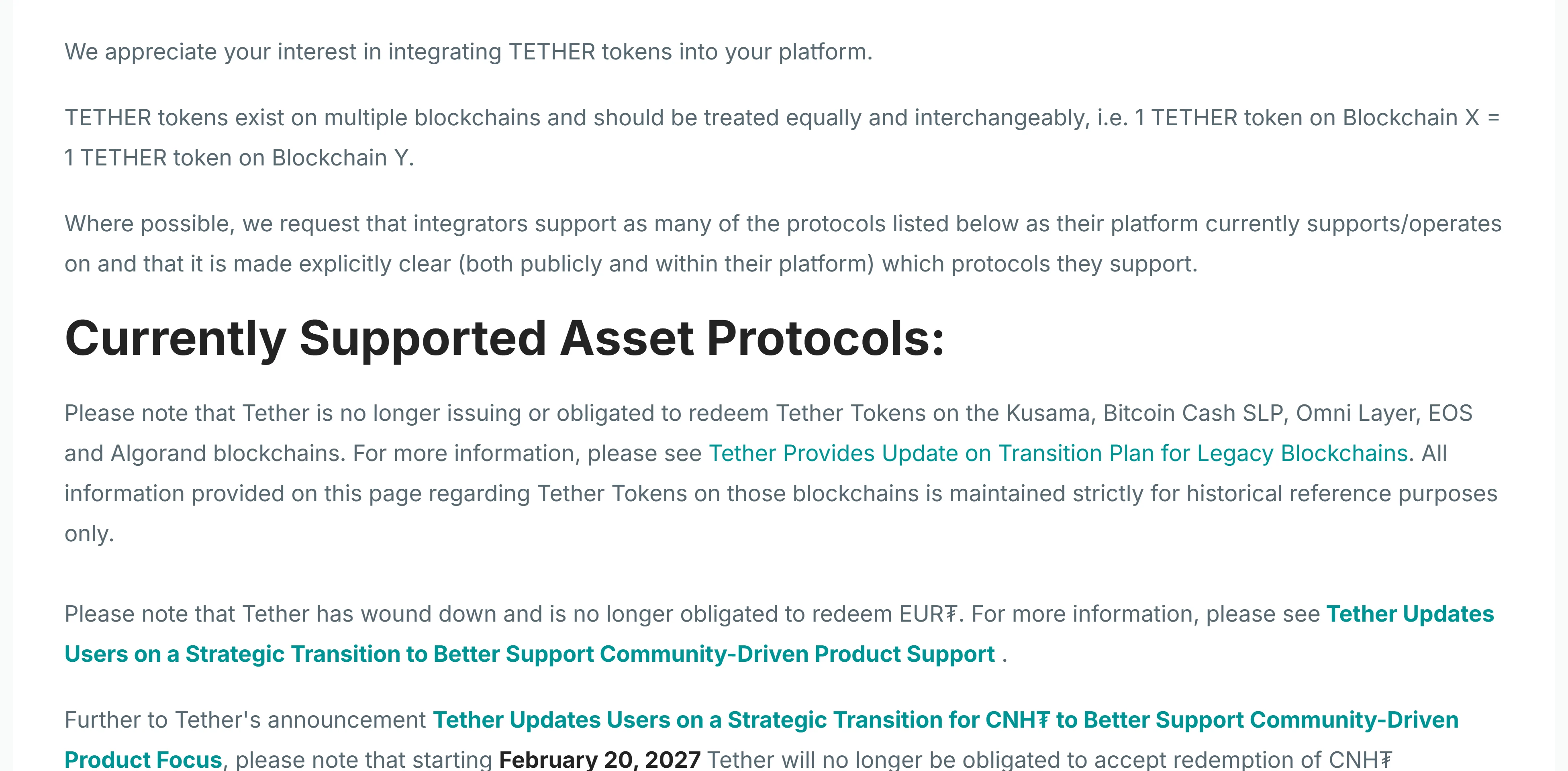 Tether rəsmi Supported Protocols səhifəsi (ingilis interfeys); müxtəlif zəncirlərdəki tokenlərin bərabər və əvəzlənən sayıldığı, həmçinin emissiyası dayandırılmış zəncirlərin siyahısı göstərilib