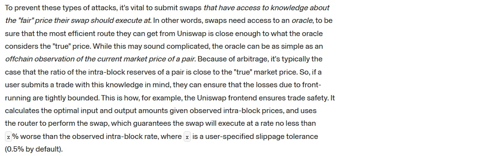 Uniswap v2 Pricing rəsmi sənədindən paraqraf: interfeys blok daxilində müşahidə olunan qiymətlə optimal giriş və çıxış miqdarını hesablayır, router isə icranın müşahidə olunan qiymətdən x%-dən çox pis olmayacağına zəmanət verir; x istifadəçinin təyin etdiyi slippage tolerance-dır, standart olaraq 0.5%