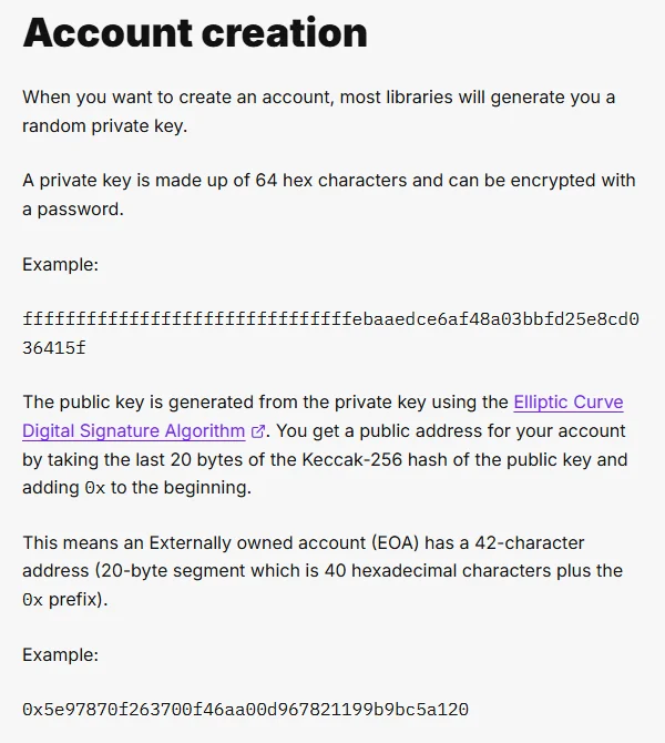 ethereum.org 開發者文件 Account creation 段落（英文介面），說明公開地址取自公鑰 Keccak-256 雜湊的最後 20 位元組並加上 0x 前綴，形成 42 字元地址