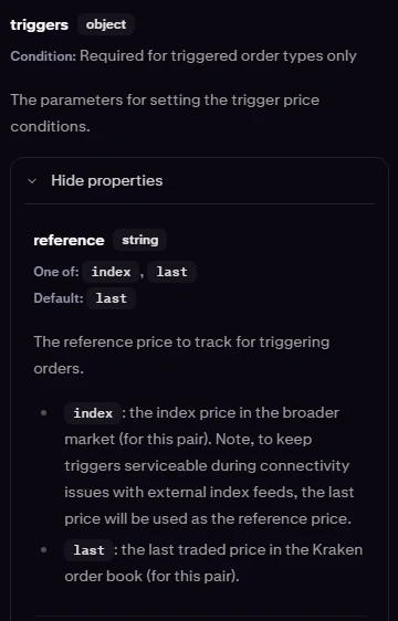 交易所 API 文件中 triggers 參數的英文說明:reference 可選 index 或 last,預設為 last;index 為更廣市場的指數價格,last 為該交易所掛單簿的最新成交價