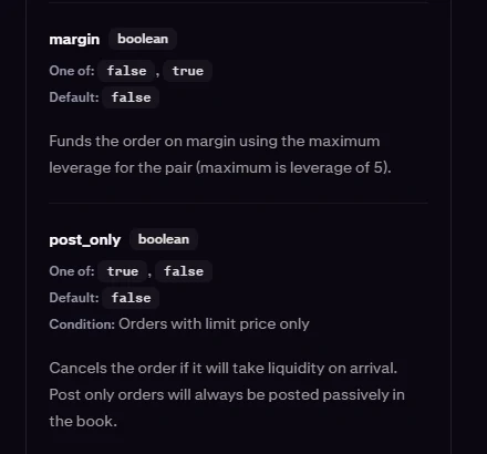 Birja API sənədində post_only parametrinin izahı (ingilis dilində interfeys): məntiqi dəyər, standart false, yalnız limit qiymətli sifarişlər üçün; sifariş çatanda likvidlik götürəcəksə ləğv olunur, Post only sifarişləri həmişə passiv şəkildə kitaba yerləşdirilir