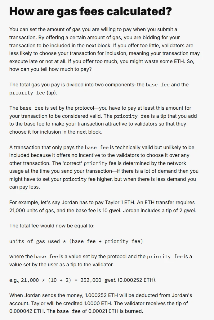 以太坊官方開發者文件 How are gas fees calculated 段落（英文介面），列出公式 units of gas used × (base fee + priority fee)，以及 21,000 × (10 + 2) = 252,000 gwei 的例子
