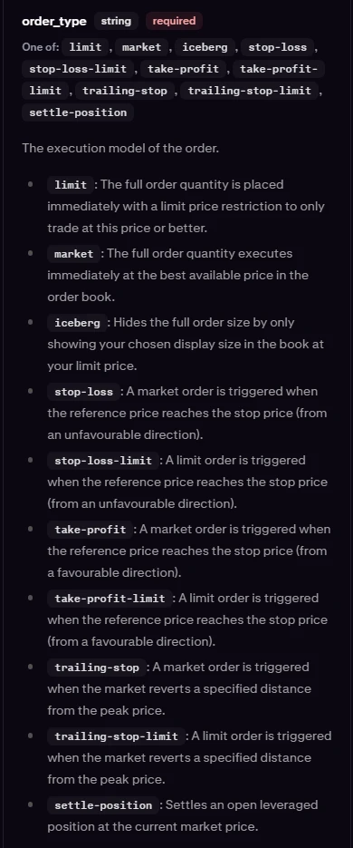 交易所 API 文件中 order_type 參數的英文說明:limit 只以指定價格或更好價格成交;market 以掛單簿上最佳可用價格立即成交;stop-loss 在參考價格觸及止損價時觸發市價單;stop-loss-limit 觸及止損價時觸發限價單,另列出 take-profit、trailing-stop 等類型