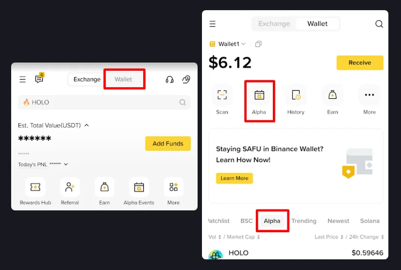 Binance Wallet 內 Alpha 與 Alpha Events 的真實入口畫面