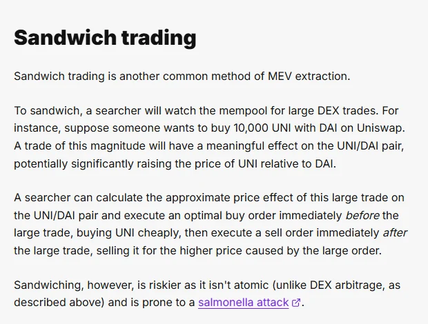 ethereum.org 開發者文件 MEV 頁面中的 Sandwich trading 段落，說明搜尋者監看交易池中的大額 DEX 交易，在其之前買入、之後賣出