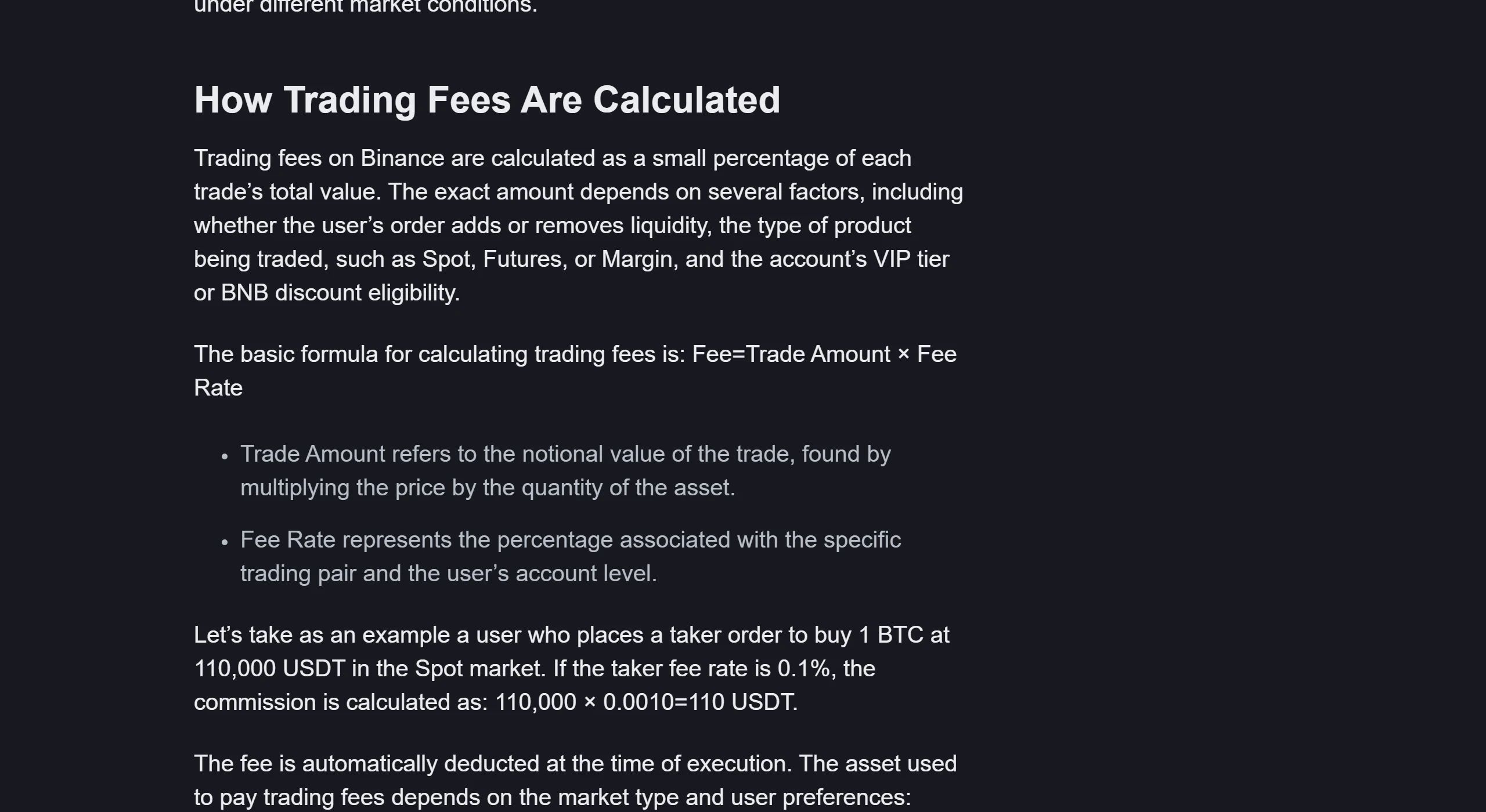 Binance Academy 交易費用計算頁的真實截圖,列出 Fee = Trade Amount × Fee Rate 公式,以及 110,000 USDT 買入 1 BTC、0.1% taker 費率得出 110 USDT 的範例