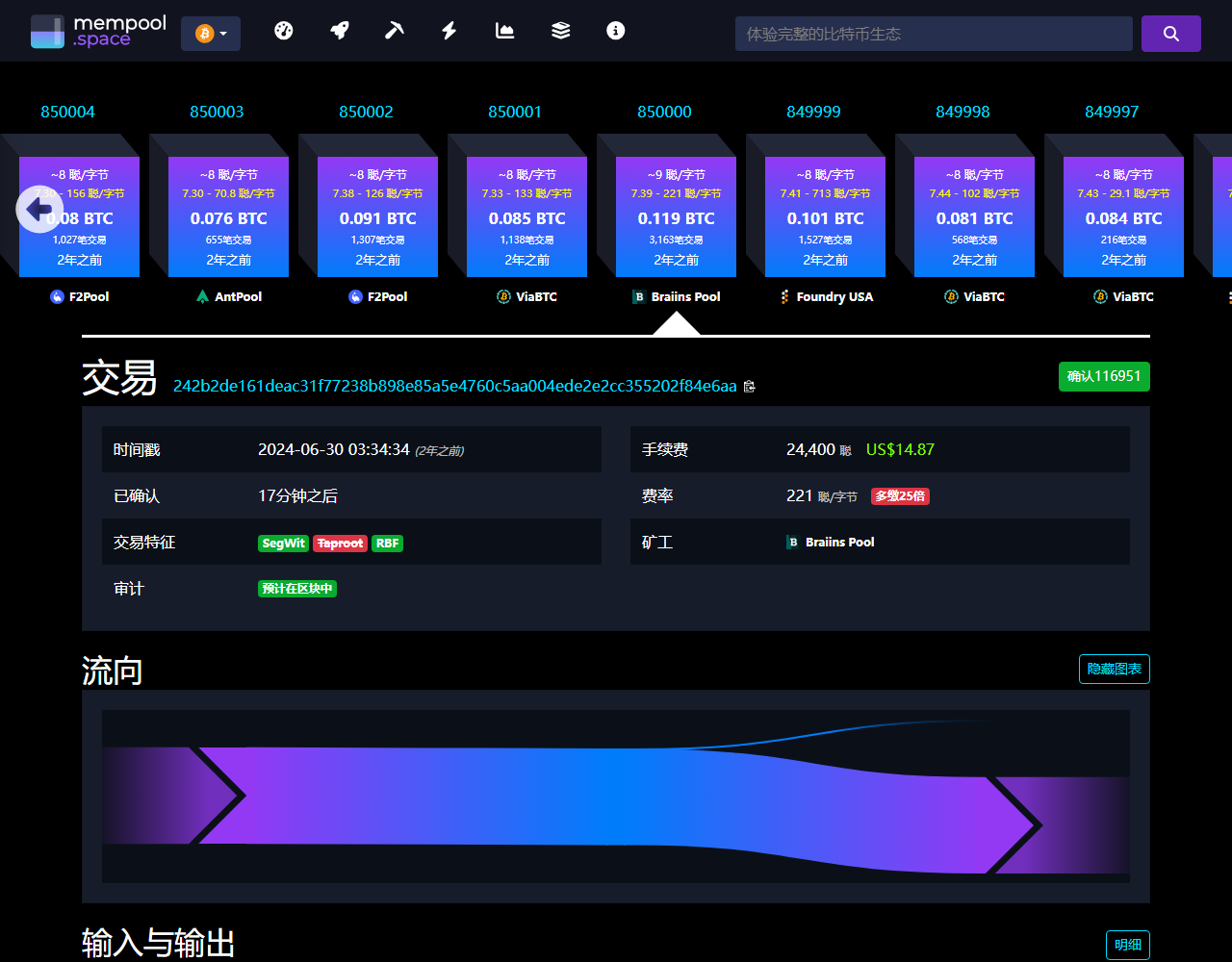mempool.space Bitcoin əməliyyat səhifəsində tam TxID, təsdiq sayı, daxil olduğu blok, vaxt, komissiya və komissiya dərəcəsi