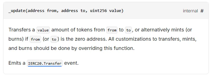 OpenZeppelin Contracts 官方文件 ERC20 的 _update 函式說明節錄：轉帳、鑄造與銷毀都經過此函式，所有轉帳客製化都應覆寫它