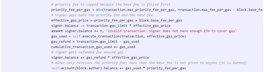 EIP-1559 規範的參考實作程式碼（英文介面），顯示 priority_fee_per_gas 取 max_priority_fee_per_gas 與 max_fee_per_gas 減去 base fee 兩者的較小值，以及 effective_gas_price 等於優先費加基礎費